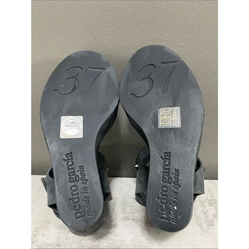 Pedro Garcia Swarovski Crystals Black Suede Platform Wedge Sandals Size 37 US 7